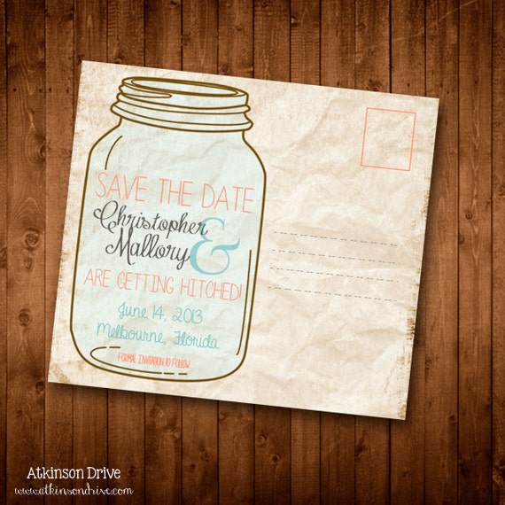 Country/DIY/Vintage Mason Jar Save the Date Postcard