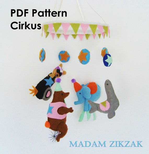 PDF pattern for felt, Circus mobile pattern, sew pattern, DIY