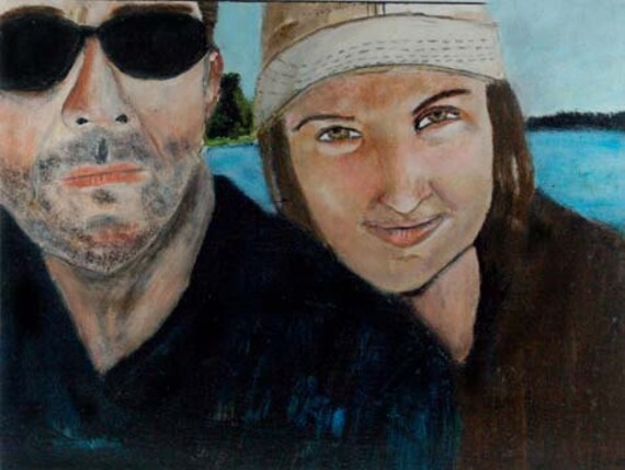 8x10 Print At The Lake, Man, Sunglasses, Beard, Woman, Baseball Cap, Blue Sky, Trees, Landscape