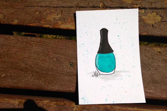 Original 4x6 Turquoise Nail Polish Illustration Original 4x6 Turquoise Nail Polish Illustration