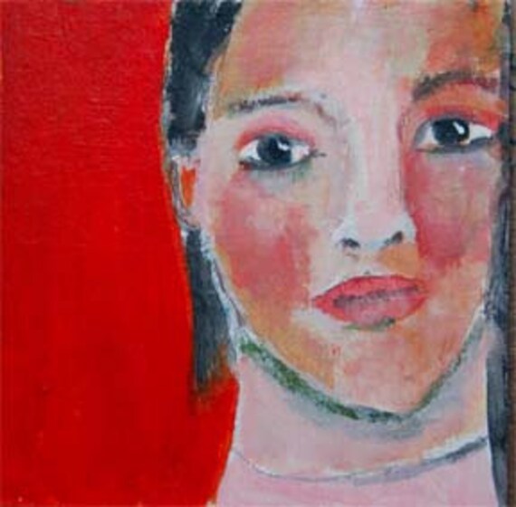 Original Acrylic Portrait Painting Michelle, Girl, pink, Polka Dots, Gray White 4x4 mini art chipboard