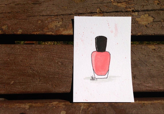 Original 4x6 Coral Nail Polish Bottle Illustration Original 4x6 Coral Nail Polish Bottle Illustration