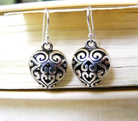 Silver Filigree Puffy Heart Charm Earrings by meiguidesigns