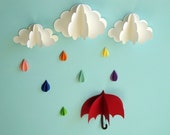 Red Umbrella, Raindrops and Clouds Wall Art/3D Paper Wall Decor