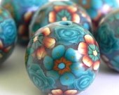 Handmade Polymer Clay Beads  Teal Copper Flowers   Made to Order