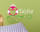 GIrls Baby Princess OWL with tiara crown custom Name Nursery Vinyl 