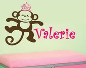 GIrls Baby Monkey Princess with tiara crown custom Name Nursery Vinyl 