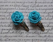 2 Rosette Hair Clips Barrettes - Teal Turquoise Aqua Rick Rack  - Size Small