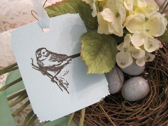Shabby Vintage Bird Gift Tags - Sparrow - Bird on Branch - Cottage Style - Hand Stamped - Embossed - Buy Three Get One Free