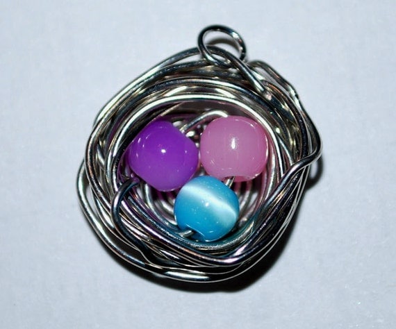 Birds' Nest Necklace with 3 Eggs: Pink, Purple, and Blue