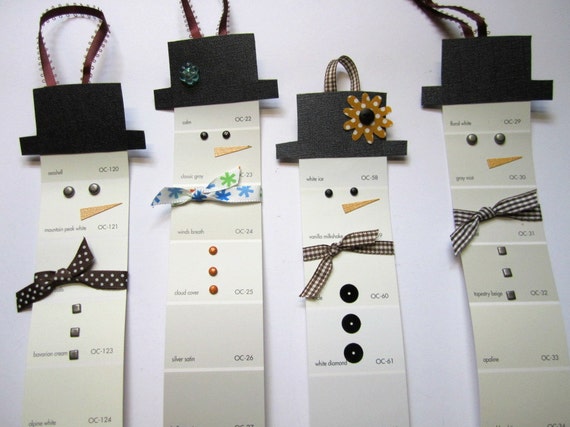 Snowman Christmas Tree Ornaments, Gift Tag, Upcycled Paint Chips, Set of 4