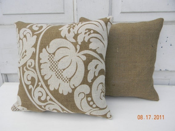 Brown Toned Burlap and Linen Pillow Set of Two
