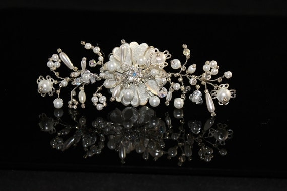 Rhinestone Silver Plated Flower with Wirewrapped Swarovski Pearls Hair Pin by IDoBridalCreations on Etsy