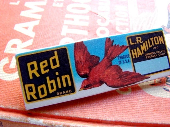 Vintage Produce Label Pin Brooch Red Robin  Paper by mimiandlucy
