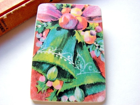Big Wood Pin Brooch Christmas Bells  Decoupage Mod by mimiandlucy
