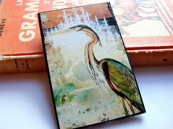 Big Pin Brooch Egret  Paper and Bookboard Decoupage by mimiandlucy