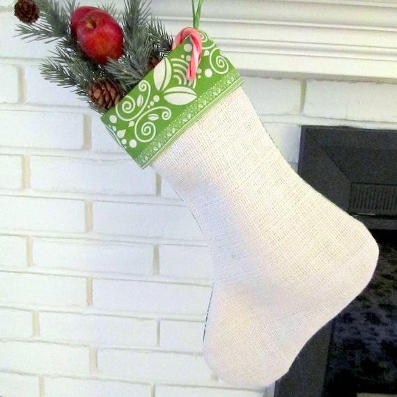 Apple Green Christmas Stocking Cuffed Ribbon Hanger Lined 16 in. long