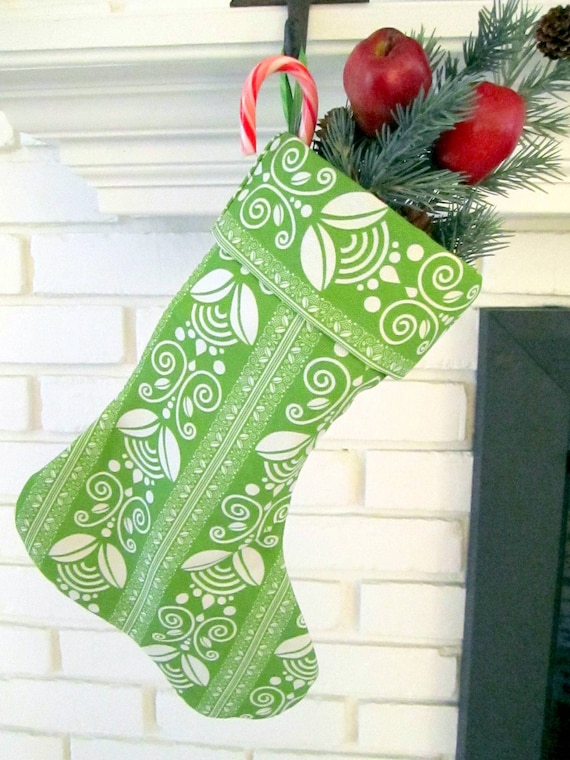 Apple Green Christmas Stocking Cuffed Ribbon Hanger Lined 16 in. long