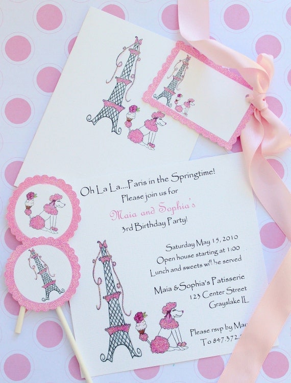 Eiffel Tower and French Poodle-Birthday Invitations, Cards, Cupcake Flags and Gift Tags