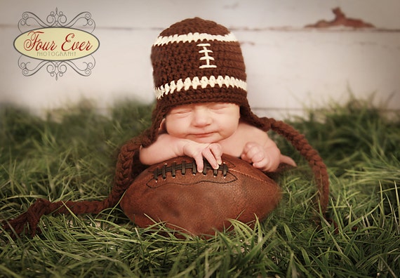 Crochet Baby Football Ear Flap Hat - Ready to Ship - Newborn or 1-3 Months