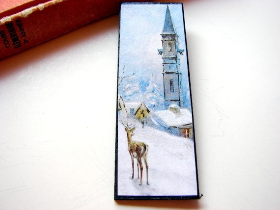 Pin Brooch Deer in the Snow and Church Bells  Paper by mimiandlucy