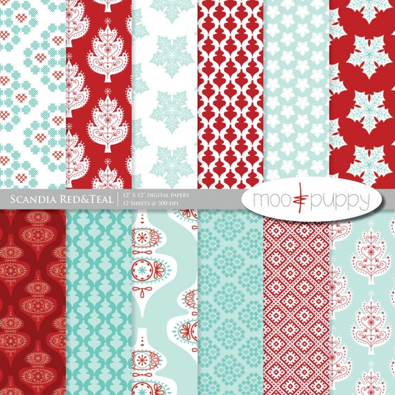 Christmas Digital Scrapbook Paper Pack - Scandia Red&Teal    (Buy 2 Get 1 Free) Personal and Small Commercial Use