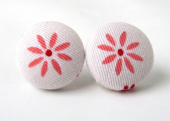 Button earrings studs white pink floral by KooKooCraft on Etsy