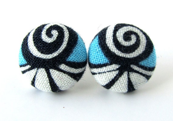 Button earrings studs blue white black swirls by KooKooCraft