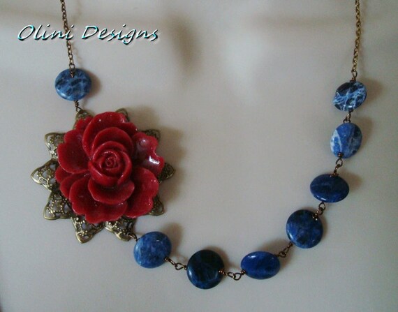 NETTA  Deep red flower and lapis necklace in by OliniDesigns