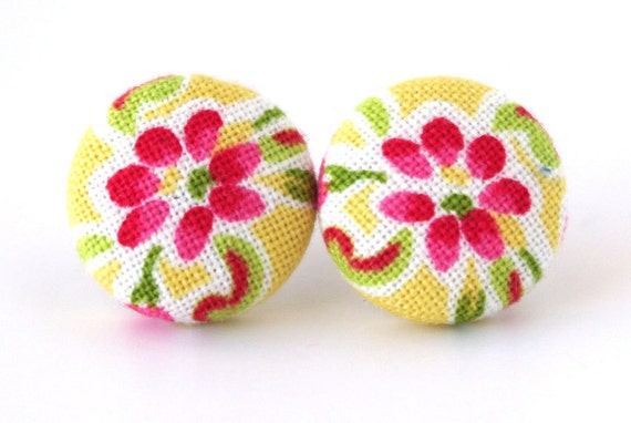 Stud earrings button yellow pink white green bright by KooKooCraft