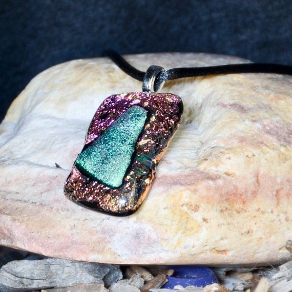 Dichroic glass pendant necklace pink  green copper by eyeseesage