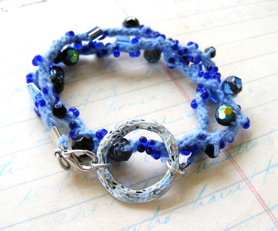 Midnight Blue Woven and Beaded Wrap Bracelet with by meiguidesigns