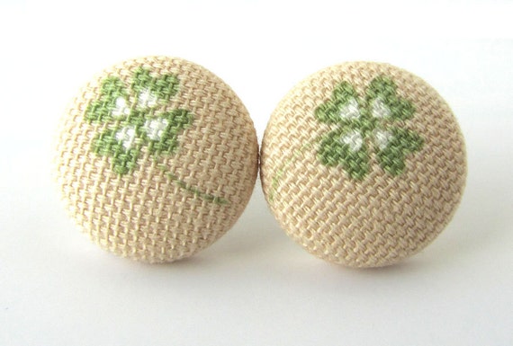 Stud earrings shamrock luck happiness green beige by KooKooCraft
