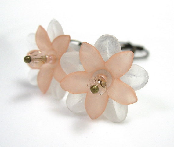 Flower Earrings Peach White Czech Glass Antiqued by jewelrybyNaLa