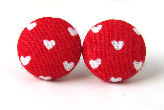 Red stud earrings hearts love valentine's day white by KooKooCraft
