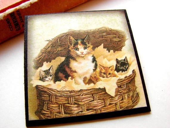 Pin Brooch Mother Cat and Kittens in a Basket Paper by mimiandlucy