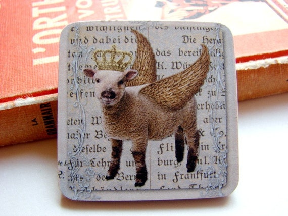 Big Wood Pin Brooch Lamb with Angel Wings and a von mimiandlucy