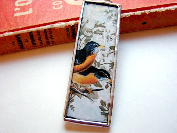 Soldered Glass Art Pendant Black and Orange Birds von mimiandlucy
