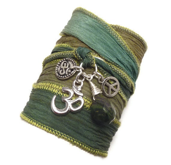 Silk Wrap Bracelet with Om Charms Peace Sign by charmeddesign1012