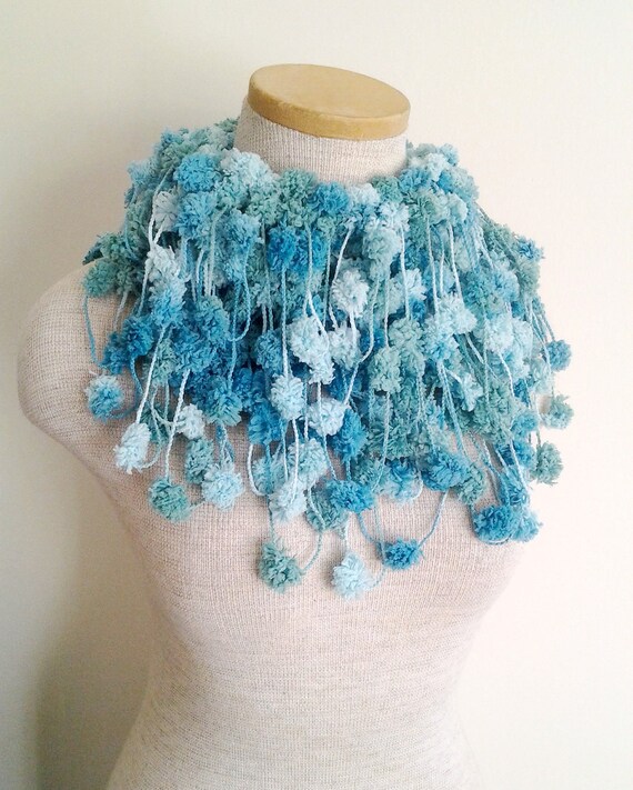 Seafoam Blue Pom Pom Scarf by MegansMenagerie on Etsy