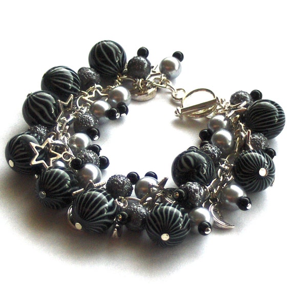 Moon and Stars Black and Silver Bracelet by beadingshaz on Etsy