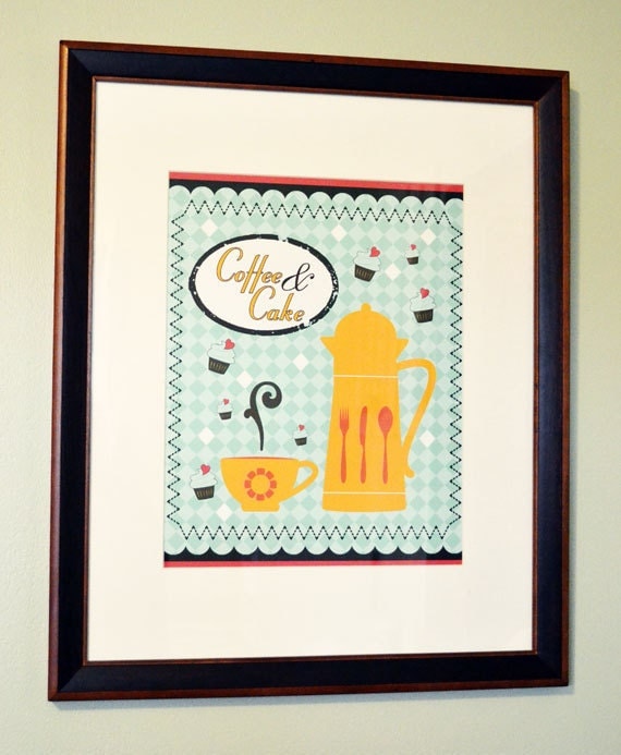 Art Print, Wall Art, 11x14, Vintage Inspired, Coffee and Cake Art