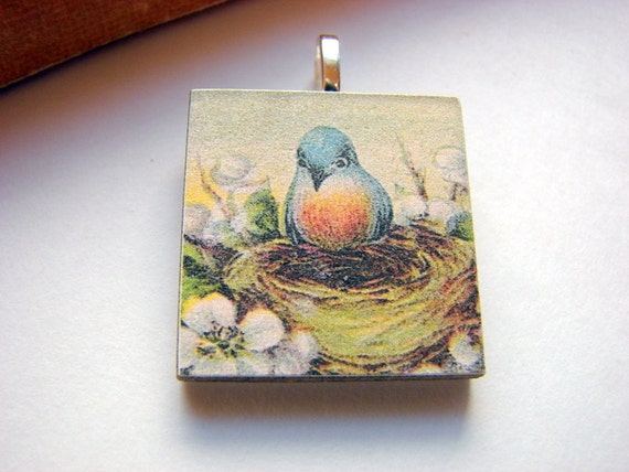 Little Wood Tile Pendant Mix and Match Blue Bird von mimiandlucy