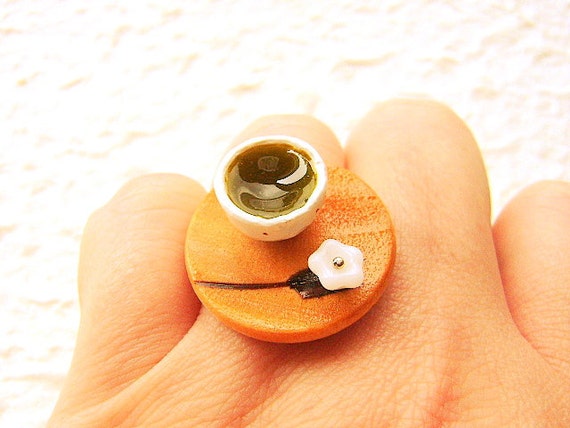Green Tea Ring Miniature Food Flower Jewelry von SouZouCreations
