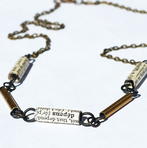 Paper Bead Jewelry French Dictionary Bead & Brass Bar Necklace by Tanith
