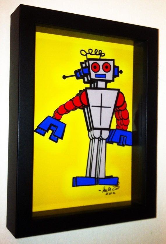 Gray Robot accented with Blue and Red 3D Pop Artwork  by PopsicArt