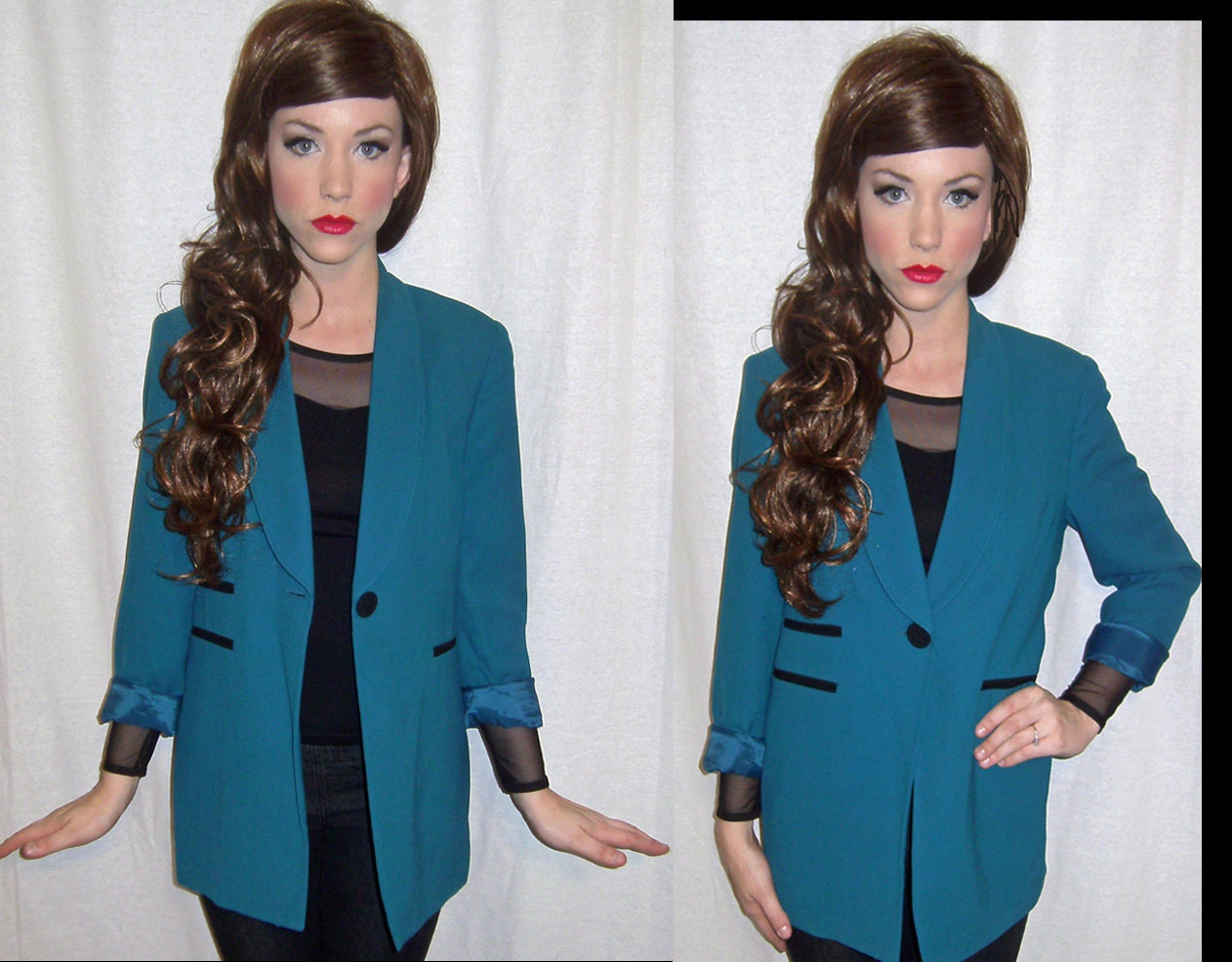 Womens Vintage 80s Mod STEAMPUNK Teal Green TUXEDO Tailored Boyfriend 